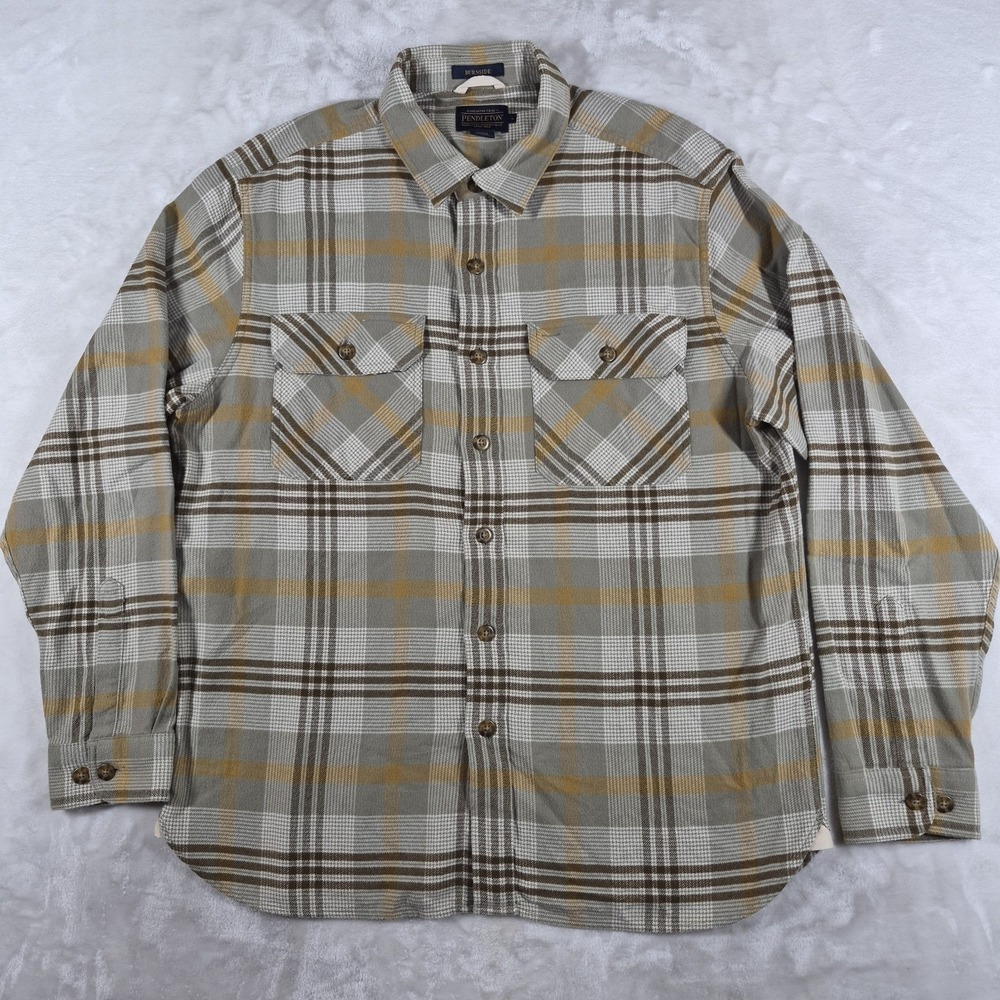 Pendleton Burnside Flannel Shirt Men's Large Brown Beige Plaid Button Up Cotton
